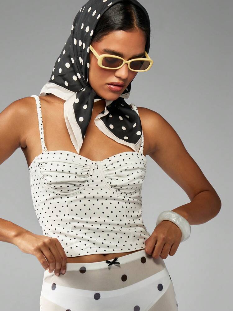 MISSGUIDED Retro Style Bustier Crop Top With Ruched Front Detail Polka Dot Pattern Adjustable Spaghetti Straps Summer Holiday Resort Wear Versatile Fashion Essential