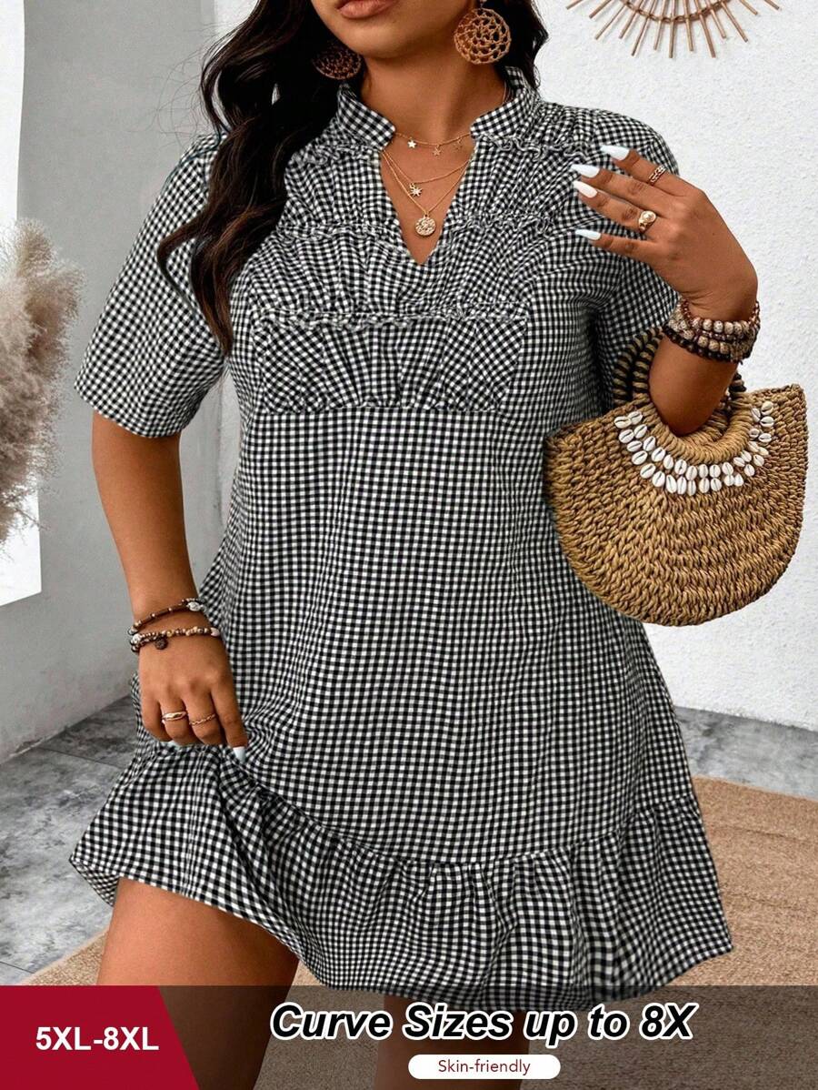 SHEIN CURVE+ 2025 新款黑白格纹面料女士休闲连衣裙，适合返校、毕业、情人节、音乐节、母亲节、万圣节、感恩节、复活节、国庆节、舞会、约会、派对、婚礼、户外活动 - 黑與白 - 查看 1