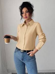 Elenzga Camisa feminina casual/de trabalho, de cor sólida, manga comprida, abotoamento simples - Caqui - Ver 6
