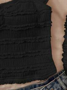 SHEIN 少女夏季黑色蕾丝衬衫，荷叶袖，修身质感度假蕾丝上衣，适合下午茶、海滩度假等场合。黑色荷叶边上衣，黑色上衣，少女可爱黑色上衣，黑色女童上衣