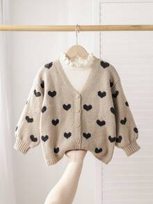 SHEIN LMoss Kids 年轻女孩心形图案休闲落肩长袖针织开衫