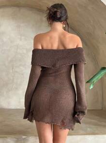 Aloruh Vestido de suéter ajustado con hombros descubiertos, cuello con volantes y mangas acampanadas, para mujer, para primavera/verano y otoño/invierno - Café integral - Ver 2