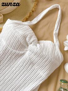 1pc Girls' Casual Vacation White Textured Fabric Double Layer Dress, Summer - White - View 4