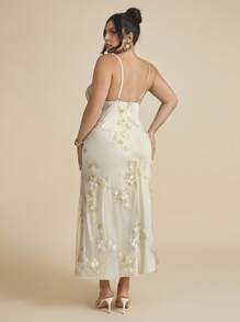SHEIN BAE PLUS SIZE Women's Wedding Season Sexy Elegant Deep V Ruched Bust Embroidered Fitted Waist Romantic Embroidered Maxi Dress Honeymoon Outfits Woman Women Wedding Guest Dress Island Vacation Outfits Look Summer Dresses For Women Fall  Wedding Guest Dress Women Sun Dresses For Women Mother's Day Outfit/Halloween Plus Size/Back To School/Birthday Dresses For Women/Plus Size Dresses/Holiday Women Outfits/Rave Outfits/Off Shoulder/Elegant Dress,Homecoming Dress - Apricot - View 3