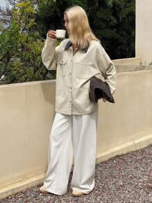 Livesso 女士宽松休闲夹克，面料拼接，秋季，牛仔夹克，秋季女装 - 卡其色 - 查看 5