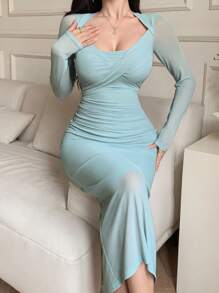 DAZY Váy midi xếp ly cổ vuông họa tiết hoa dành cho nữ, váy thu tay dài, váy dạ hội - Màu xanh lam - Xem 4