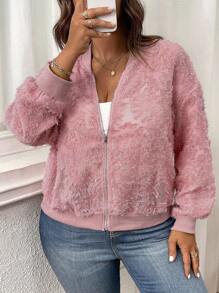 EMERY ROSE 大码女式纯色镂空蕾丝圆领长袖罗纹拼接拉链前部休闲舒适宽松夹克 - 粉色 - 查看 3