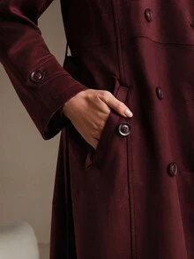 Anewsta Áo khoác dạ nữ cổ điển tối giản màu đỏ tía, cài hai hàng khuy, thắt eo, chất liệu da lộn, thời trang thu/đông - Màu đỏ tím - Xem 2