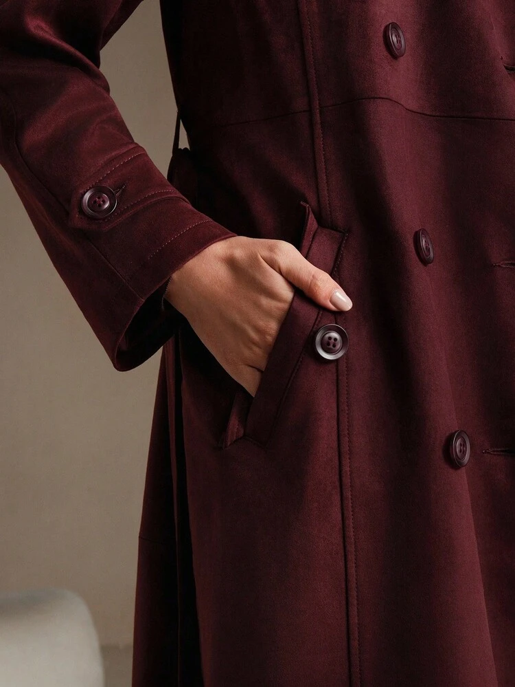 バーガンディ ミニマリスト クラシック ダブルブレスト ウエストシェイプ スエード レディース トレンチコート、秋冬ジャケット