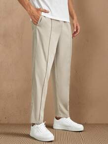 HIMLAND Men Solid Slant Pocket Pants Tapered Long Slacks Plain Khaki Going Out, Fall