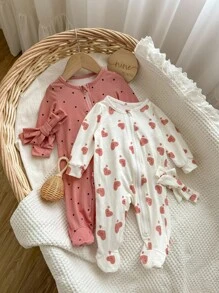 4 件套新生女婴可爱心形和波尔卡圆点拉链连体衣套装，带头带，柔软亲肤睡衣套装