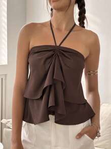 Women's Fashion Solid Color Ruffle Trim Halter Neck Camisole