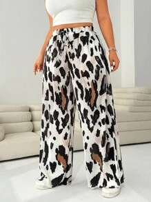 Solflare 大码春季浪漫豹纹休闲抽绳腰褶阔腿裤