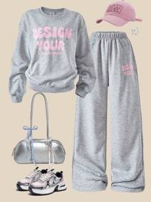 SHEIN Explorewe Mädchen Lässig Set aus Sweatshirt mit Buchstaben-Muster und Langarm Rundhalsausschnitt und Hose