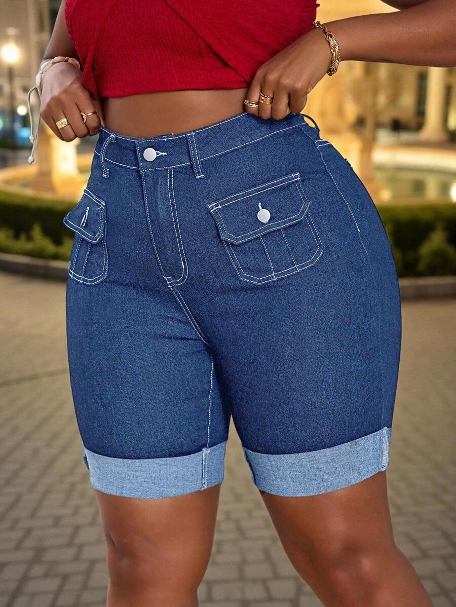 SHEIN SXY Plus Size Women's Elastic Fitted Elegant Fashion Denim Shorts, Autumn Cowboy - Medium Wash - View 1