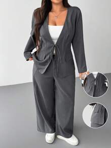 SHEIN EZwear Plus Size Women Front Tie Long Sleeve Jacket And Pants Casual Suit Set Grey Two Pieces Set Women Suit Set Office Outfits For Women Set Tie Front Blazer In Fall/Winter