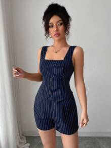 Chiquease 夏季休闲通勤条纹背心和短裤两件套 - 藏蓝色 - 查看 1