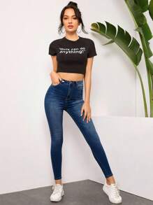 SHEIN Essnce 女式高腰口袋紧身休闲百搭牛仔裤 - 深色水洗藍 - 查看 3