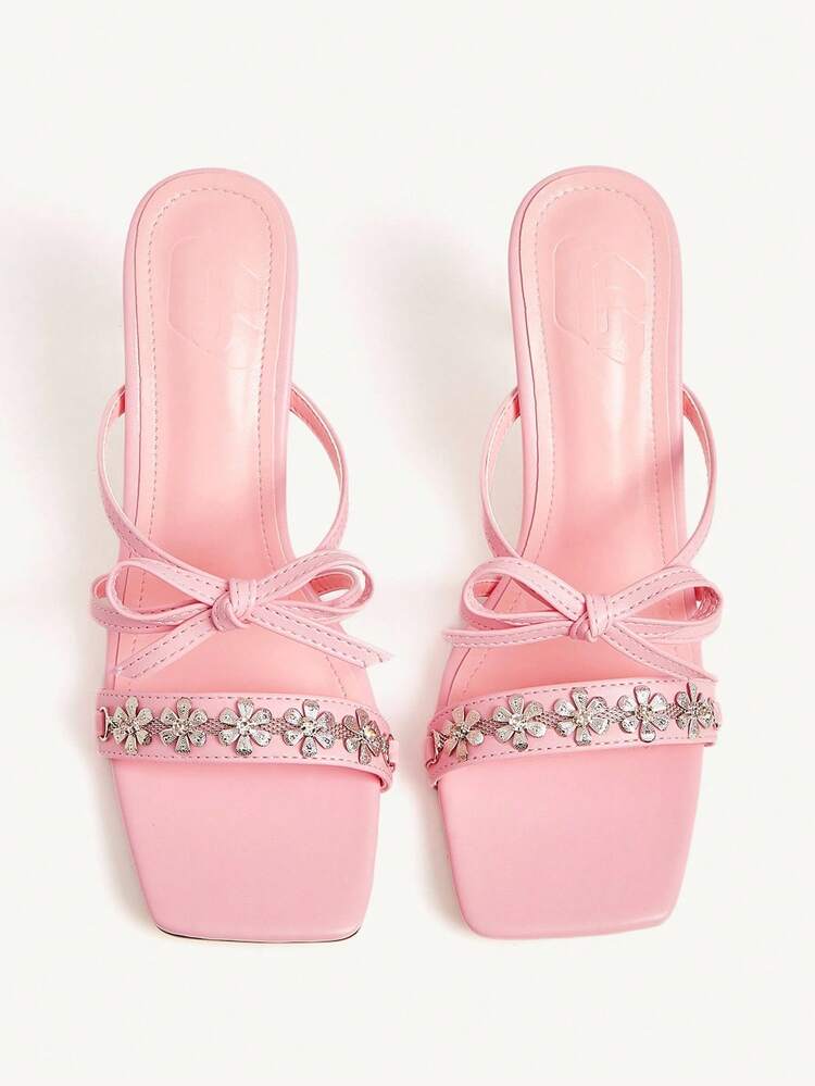 CUCCOO CHICEST Women's Elegant Floral Rhinestone Bowknot Strap Square Toe High Heel Sandals, Romantic Sexy Pink Faux Leather Dress Shoes, Suitable For Party, Date, Fashion Show, Vacation, Bar, Club,, Birthday, Valentine's Day