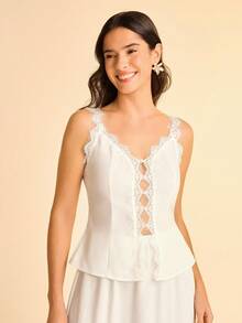 CAJUNI Boho Style Vacation Casual Tropical Contrast Lace Tank Top - White - View 5