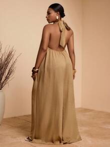 Veslaya 2025 Nouvelle combinaison ample à jambes larges avec nœud torsadé, style ras-du-cou, dos nu sexy, pour festival de musique d'été, mariage, anniversaire, port décontracté quotidien, vacances, croisière, plage, bronzage, rouge-brun, grande taille femme