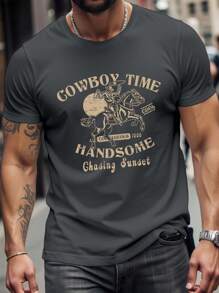Manfinity Homme 狂野西部牛仔骑马印花修身短袖 T 恤，男士休闲时尚，深灰色