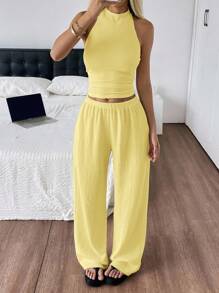 SHEIN EZwear 女士针织纹理吊带上衣和裤子休闲度假套装 黄色两件套 夏季两件套 女士舒适两件套 夏季两件套 休闲舒适两件套 女士度假套装 女士两件套 女士夏季套装 女士夏季套装 女士套装 - 鵝黃色 - 查看 5