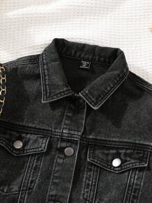 SHEIN 大码女童牛仔夹克和外套，休闲时尚复古个性化四季工作服牛仔长袖黑灰色印花夹克，休闲运动风格外套