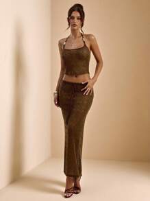 SHEIN BAE Set de 2 piezas para mujer compuesto por top de tirantes con malla de ganchillo y lentejuelas, y falda larga de talle bajo, color café/marrón, para primavera/verano - Marrón - Ver 4