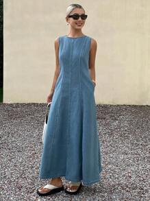 Livesso 女士休闲水洗无袖长款牛仔连衣裙