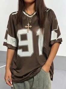 SHEIN PETITE 超大V领字母印花T恤和小码，春夏