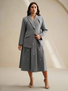 Anewsta 灰色优雅职业女士西装外套，收腰，长袖，独特设计，端庄 - 灰色 - 查看 6