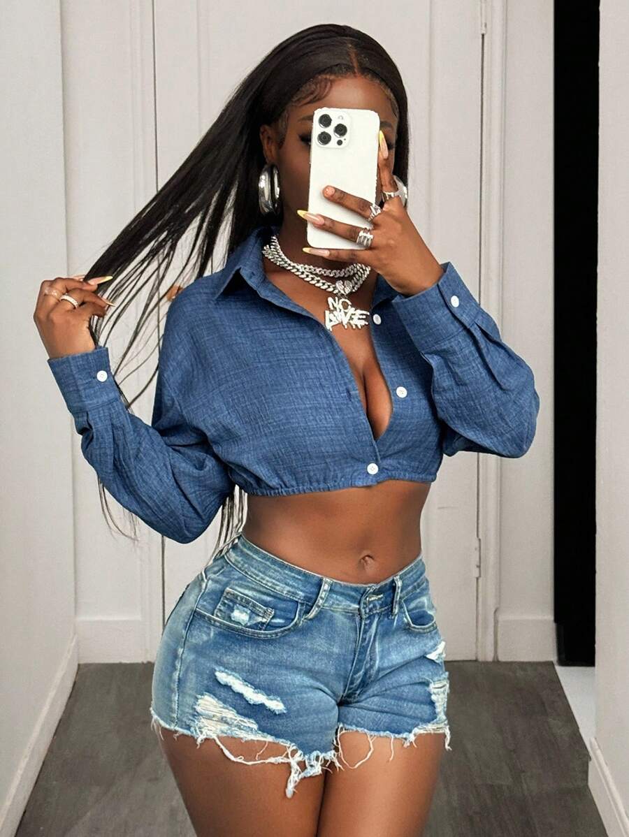 BamGleam 休闲时尚百搭牛仔效果性感长袖短款衬衫