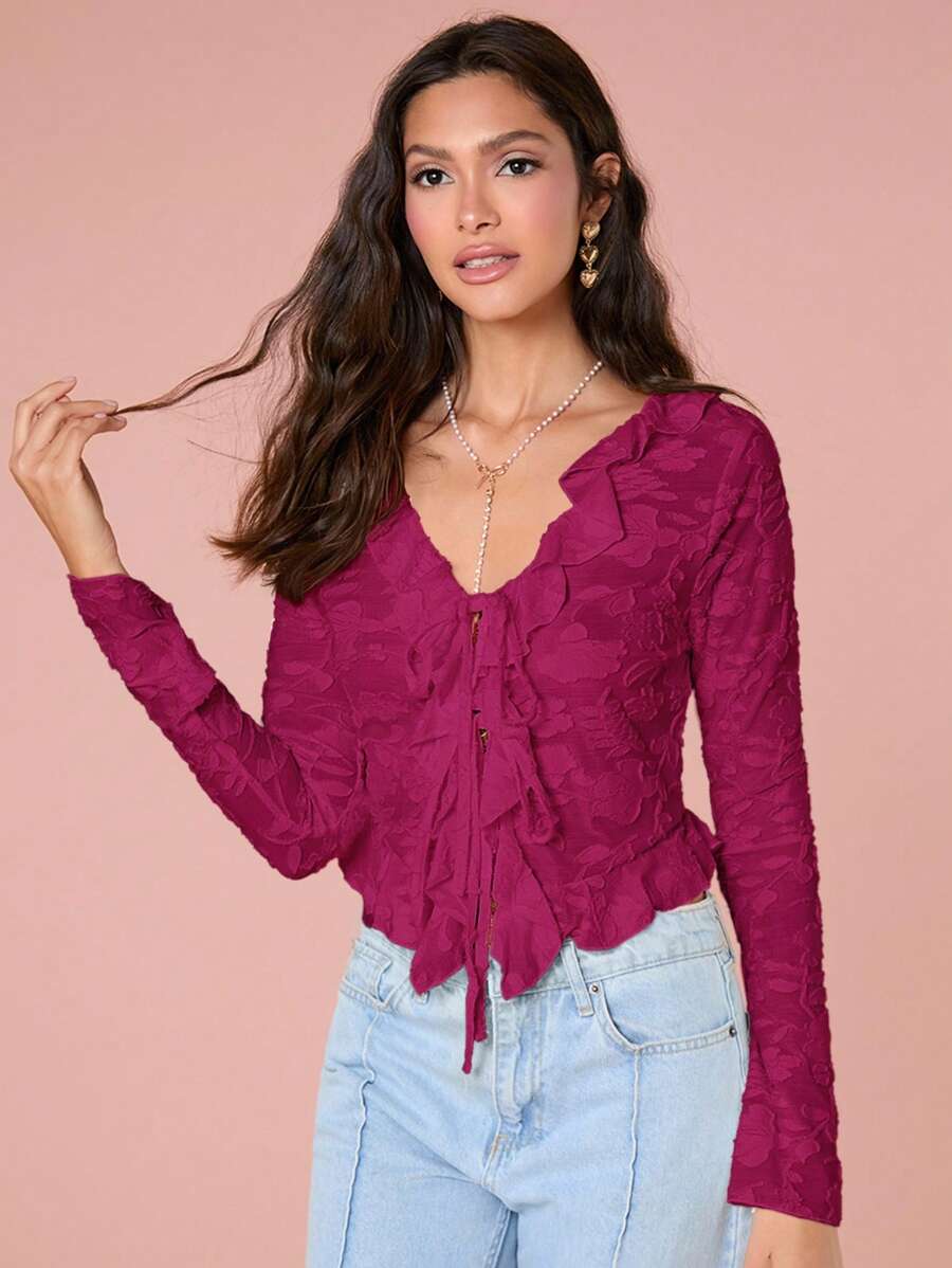 Enchnt Camiseta de manga larga con volantes en el bajo y lazada al frente de unicolor para mujer, de moda - Burdeos - Ver 1