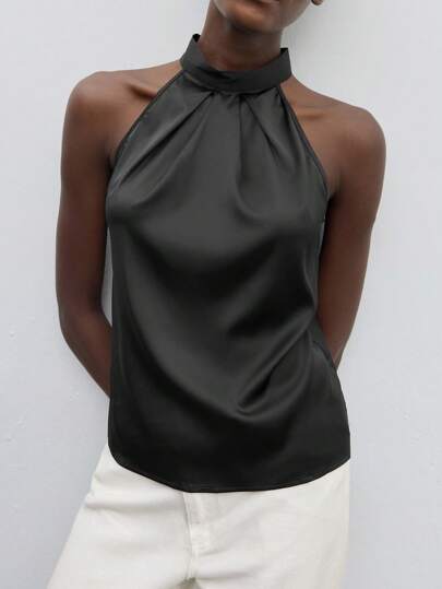 Maija Tie Back Satin Halter Neck Blouse Workwear,Autumn Outfits For Women