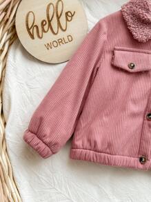 SHEIN Baby Girl Cute Thermal Lined Pink Collar Jacket, Versatile For Autumn/Winter Fall - Pink - View 3