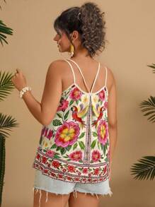 SHEIN VCAY 大码女式花卉和鹦鹉印花休闲吊带背心 - 彩色 - 查看 2