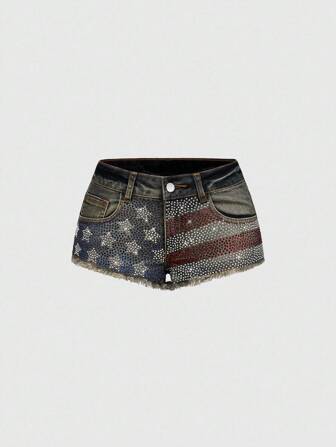 Grunge Punk Y2K Style America Flag Rhinestone Decor Retro Washed Denim Skinny Shorts