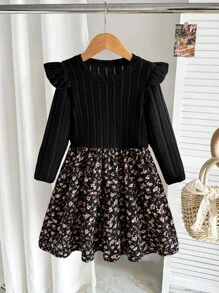 年轻女孩拼布碎花下摆圆领长袖荷叶边休闲连衣裙，适合婚礼、派对、舞会、生日、万圣节、毕业典礼