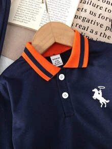 SHEIN Boys' Casual Navy Blue Polo Collar Long Sleeve Top + Matching Pants, Chest Graphic Design, Contrast Collar, Suitable For Daily Wear, Summer Back To School Season - Royal Blue - View 3