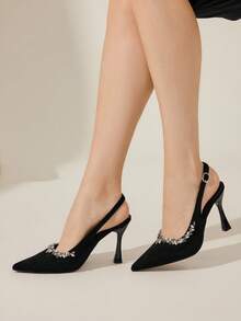 CUCCOO CHICEST 女士尖头水钻装饰细高跟鞋，优雅奢华浪漫性感哥特式黑色绒面革一脚蹬高跟鞋，正式礼服，婚礼宾客，下午茶，约会之夜，派对，适合婚礼、庆典、万圣节、圣诞节、感恩节、生日 - 黑色 - 查看 6