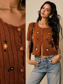 Poéselle Elegant Floral Embroidered Button-Up Short Sleeve Knit Top - Brown - View 2