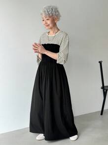 FRIFUL Women's Round Neck Splicing Striped Camisole 2 In 1 Long Dress, Autumn Long Sleeve Dress Striped Dress Winter Dress Korean Dress Black Dress - Black - View 6