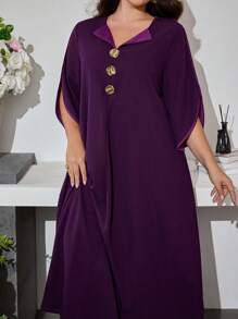 Al Najma 大码女式春秋翻领金属铆钉喇叭袖连衣裙 - 紫色 - 查看 4