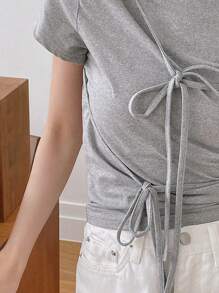 DAZY Women's Simple Solid Color Front Tie Oblique Shoulder T-Shirt, Summer - Grey - View 5