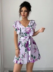 SHEIN Elenzya Ruffle Sleeve V-Neck Cinched Waist Pleated A-Line Floral Print Vacation Elegant Romantic Dress, Purple - Multicolor - View 6