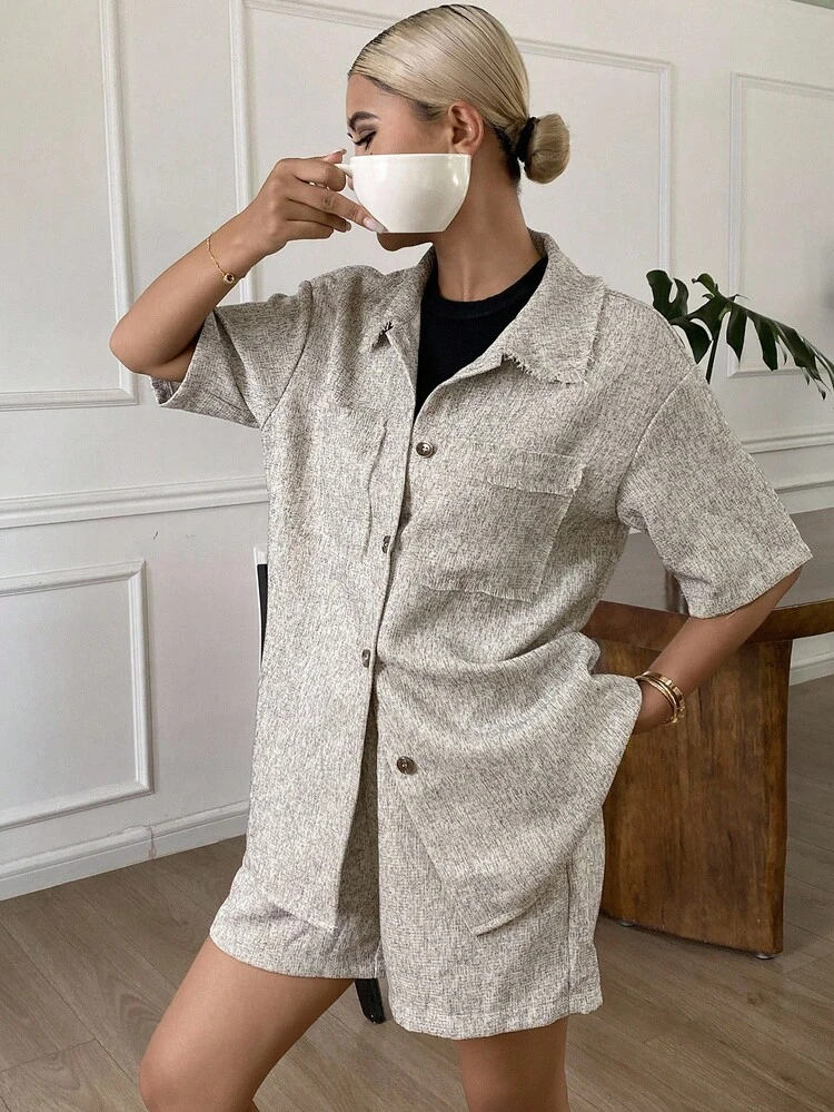 2pcs Women Summer Casual Striped Shirt And Shorts Set