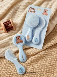 Cozy Pixies 2pcs/Set Baby Newborn Care Tools, Blue Bear & Polka Dot Design Comb & Brush