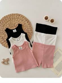 6 件装女婴休闲针织纯色背心和短裤睡衣套装（带松紧腰带） - 彩色 - 查看 1