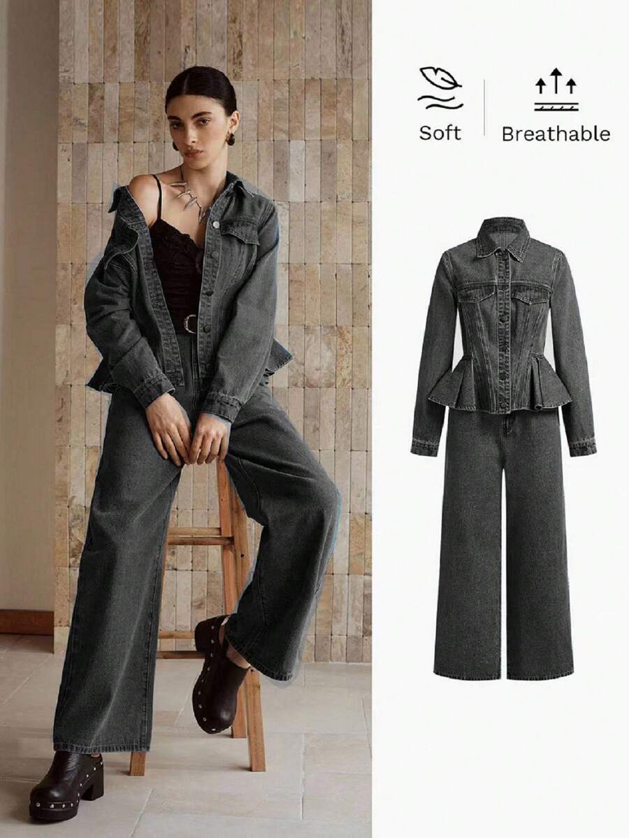 MOTF PREMIUM 翻领荷叶边牛仔夹克和阔腿牛仔裤套装 - 黑色 - 查看 1